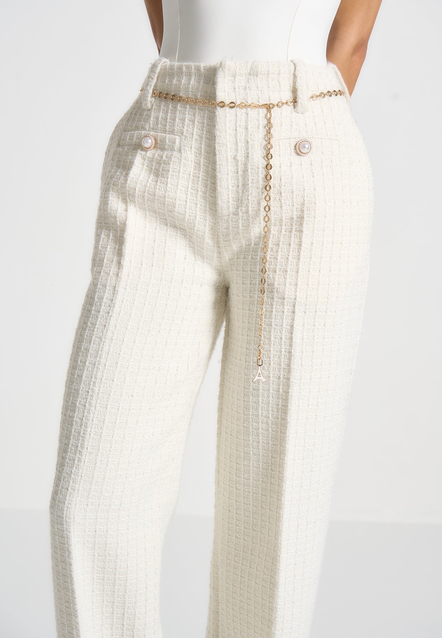 Tweed Trousers with Belt - Cream