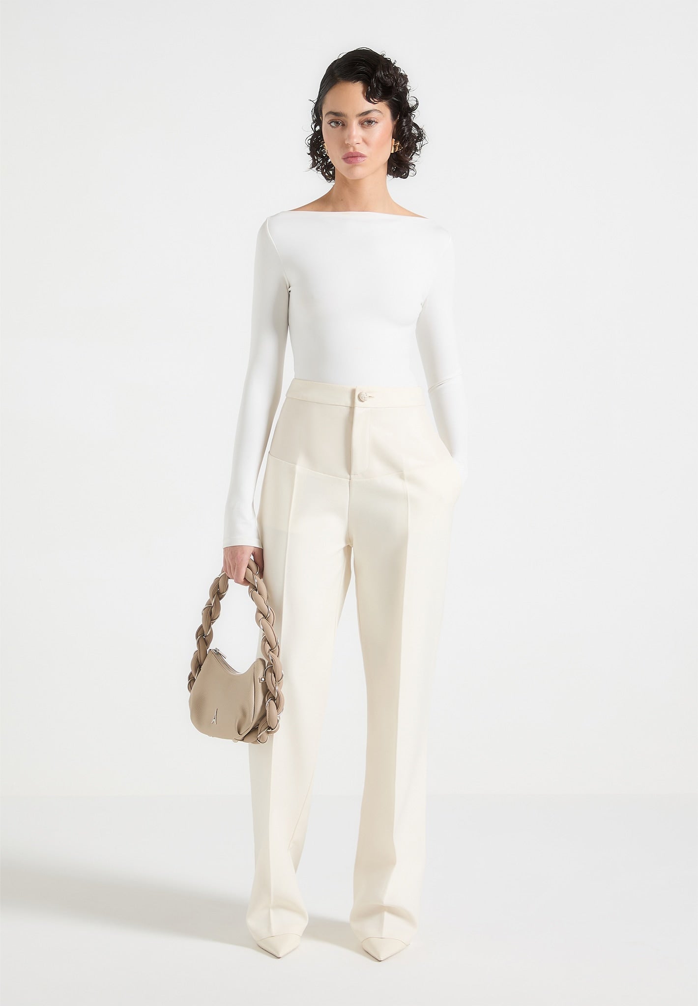 Leather Panel Tailored Trousers - Cream