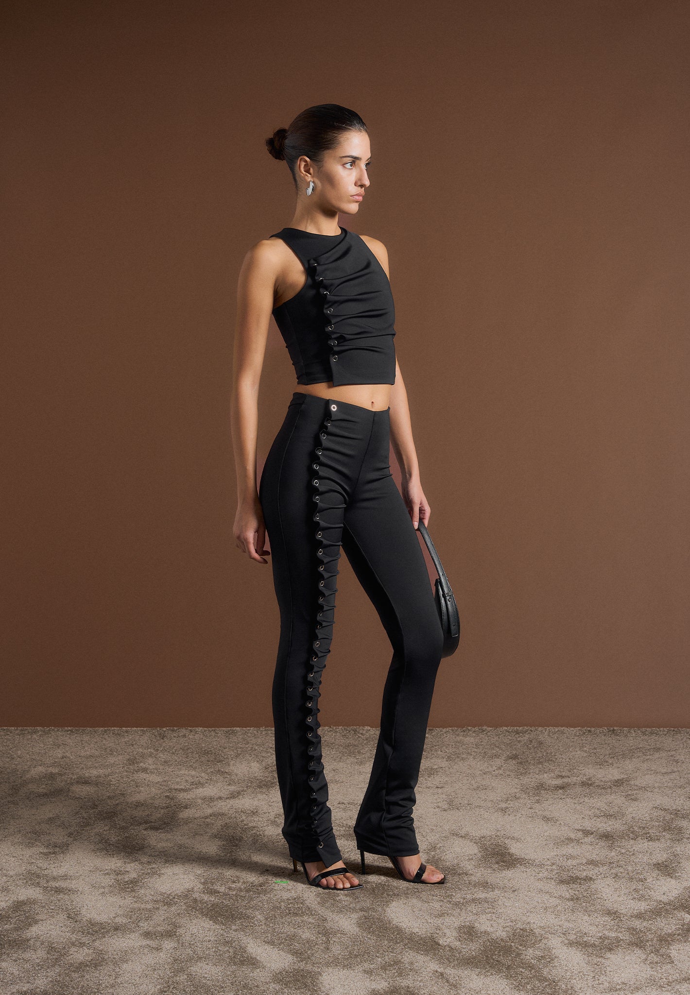 Eyelet Detail Tacked Racer Top  - Black