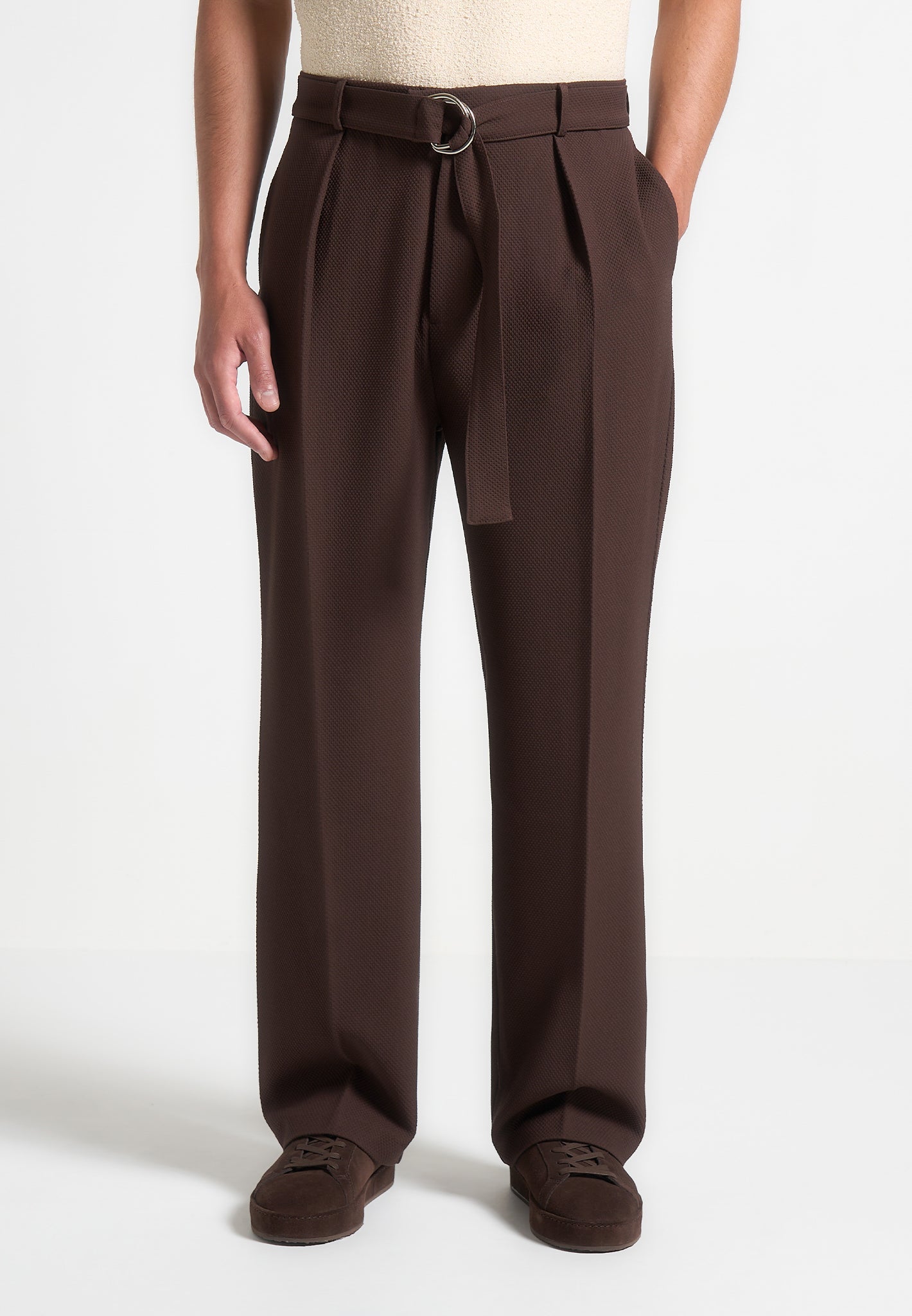 Relaxed Fit Textured Belted Tailored Trousers - Brown