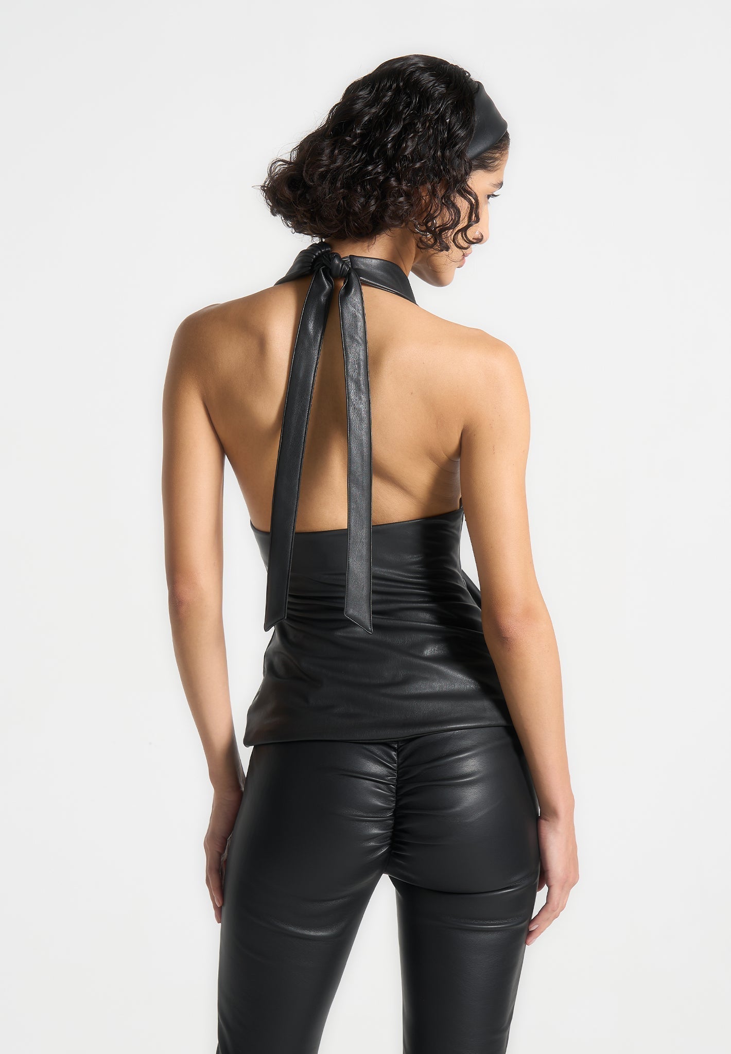 Leather Draped Halterneck Top - Black