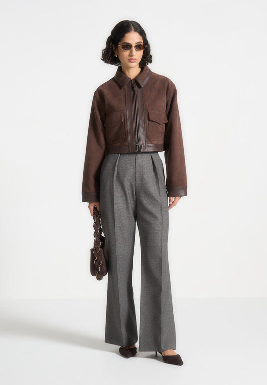 Suede & Pebbled Leather Jacket - Brown
