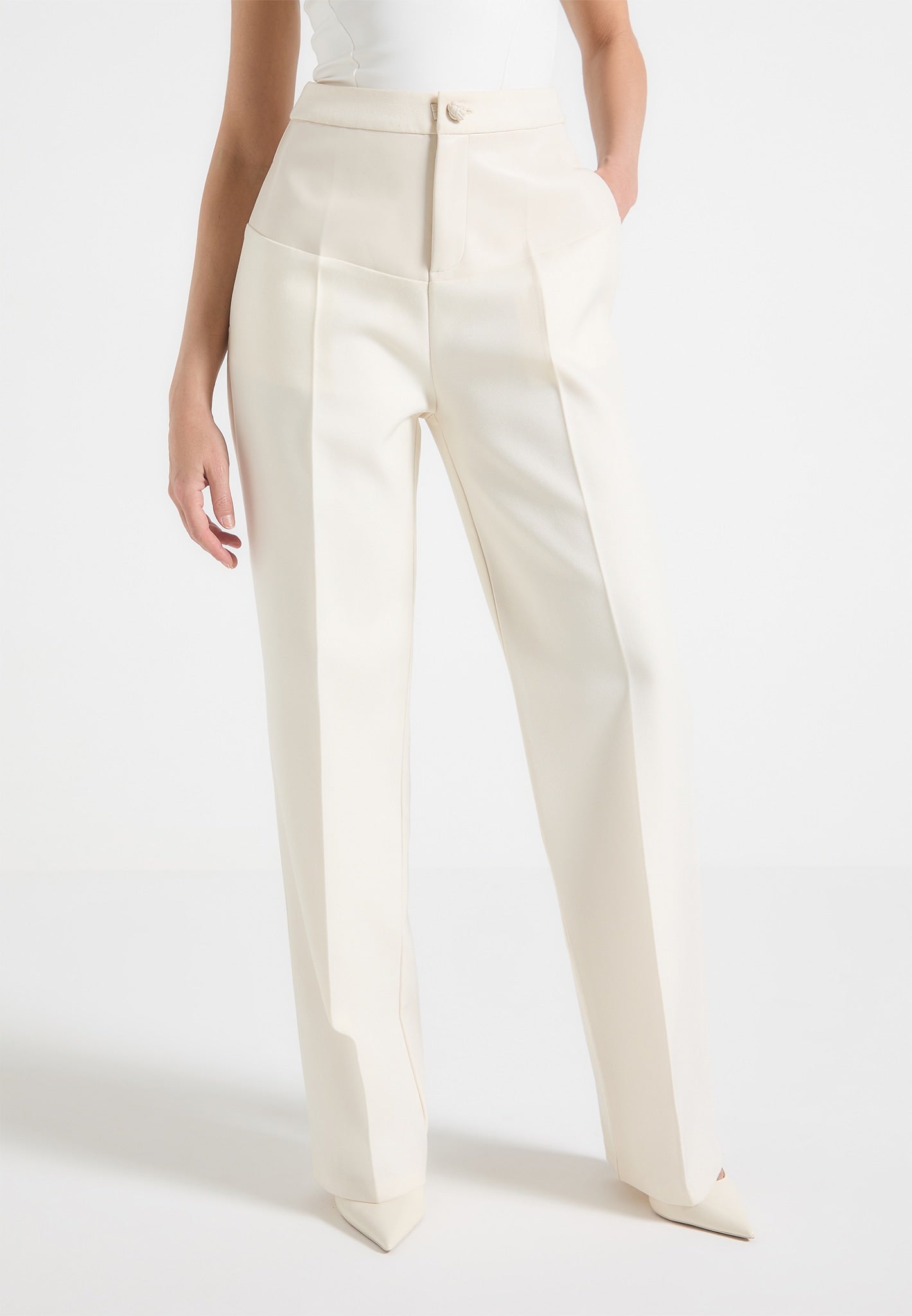 Leather Panel Tailored Trousers - Cream
