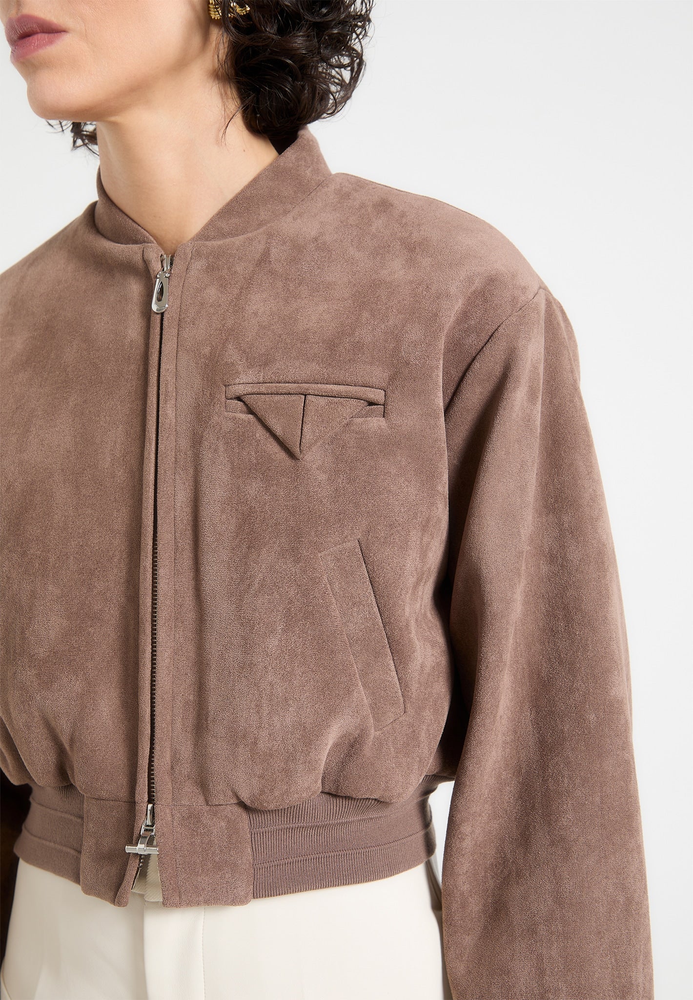 Suede Wide Shoulder Bomber Jacket - Taupe