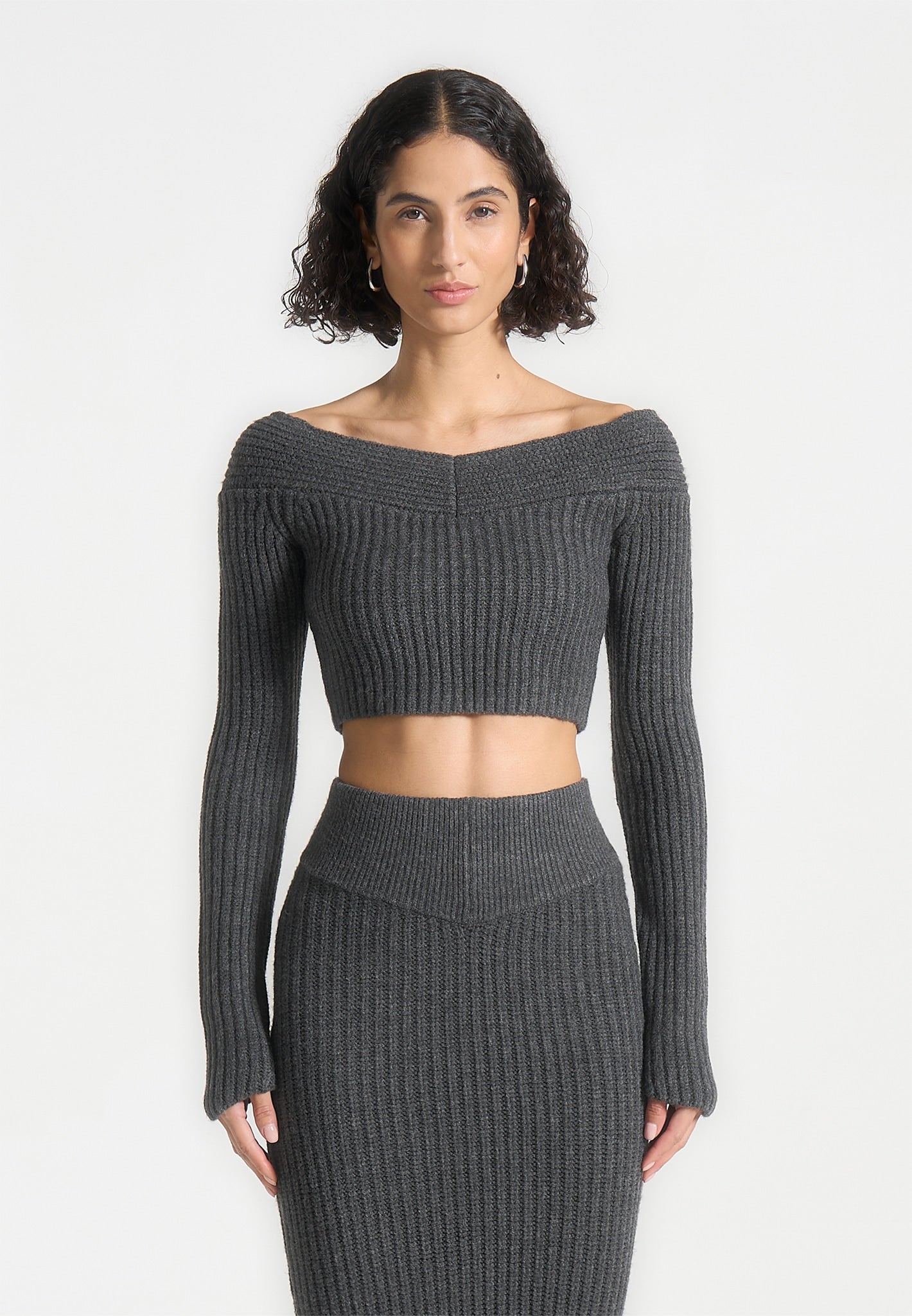 Off Shoulder Knit Crop Top - Grey Marl
