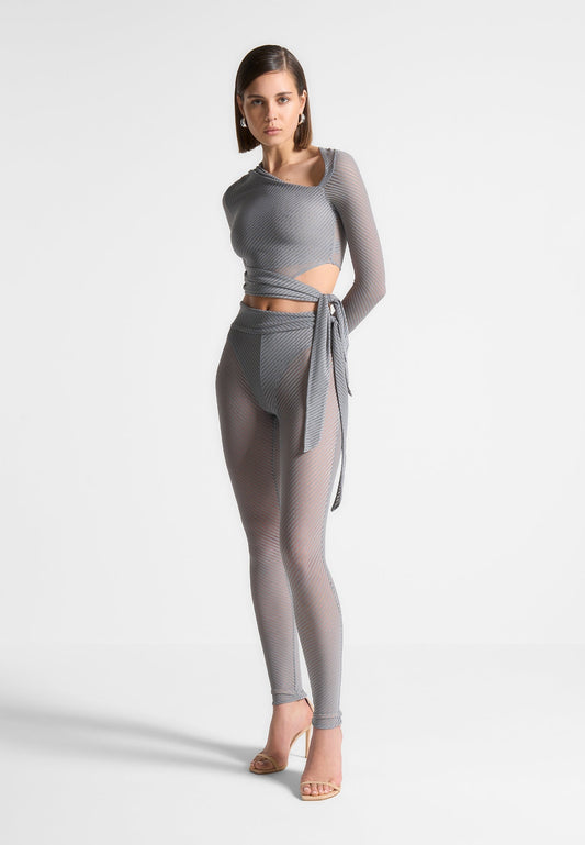 Ribbed Sheer Leggings with Tie - Grey