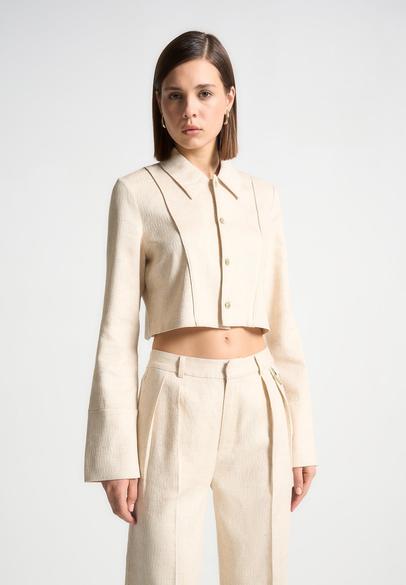 Linen Pintuck Cropped Shirt - Natural