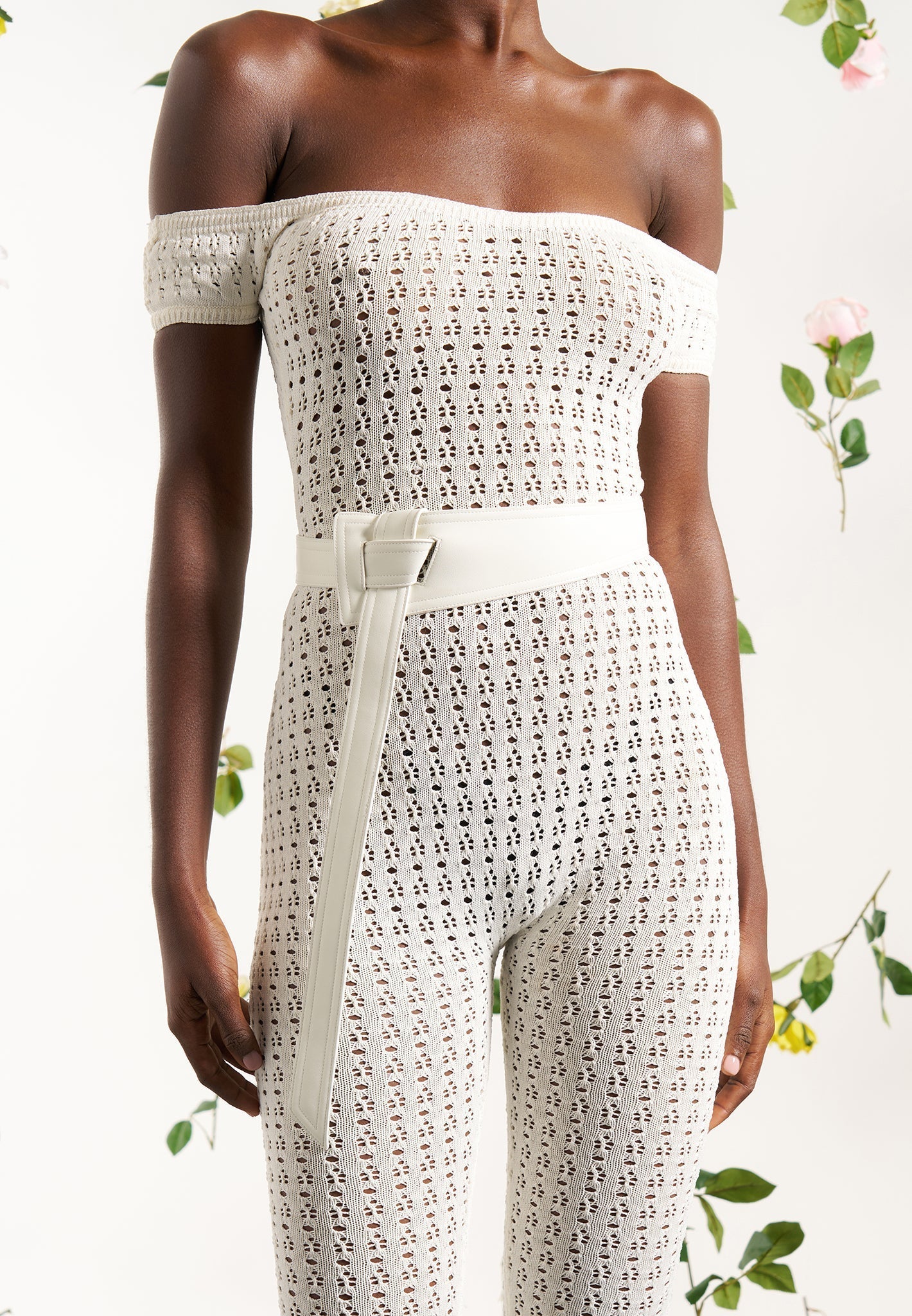 Pointelle Knit Bardot Jumpsuit with Belt - Cream
