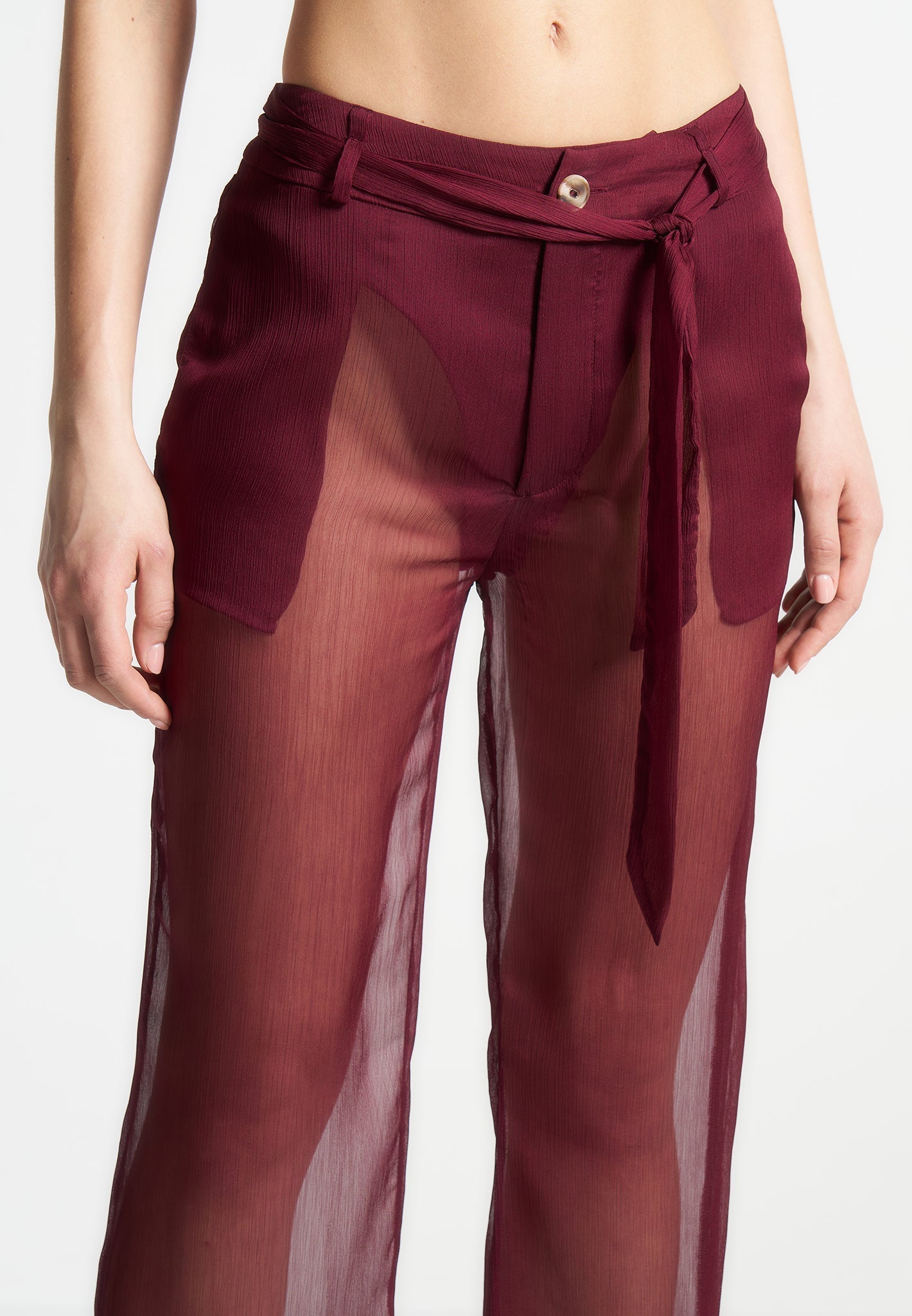 Sheer Belted Trousers - Wine Red