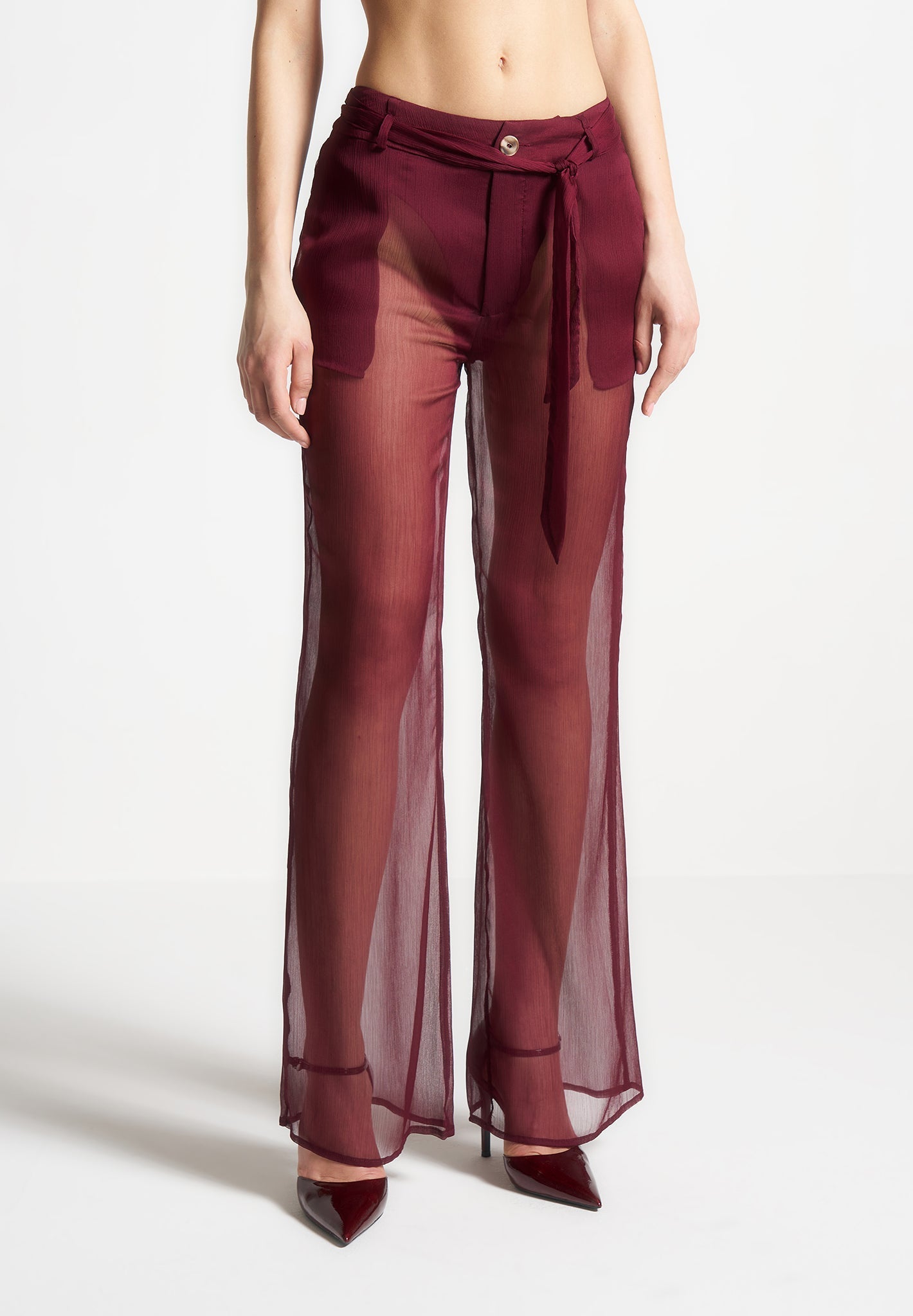 Sheer Belted Trousers - Wine Red