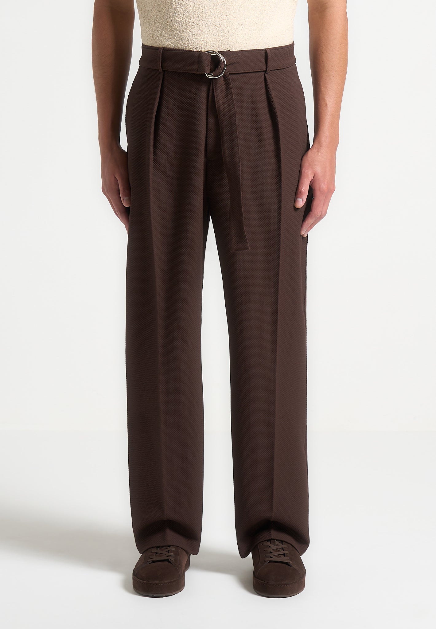 Relaxed Fit Textured Belted Tailored Trousers - Brown
