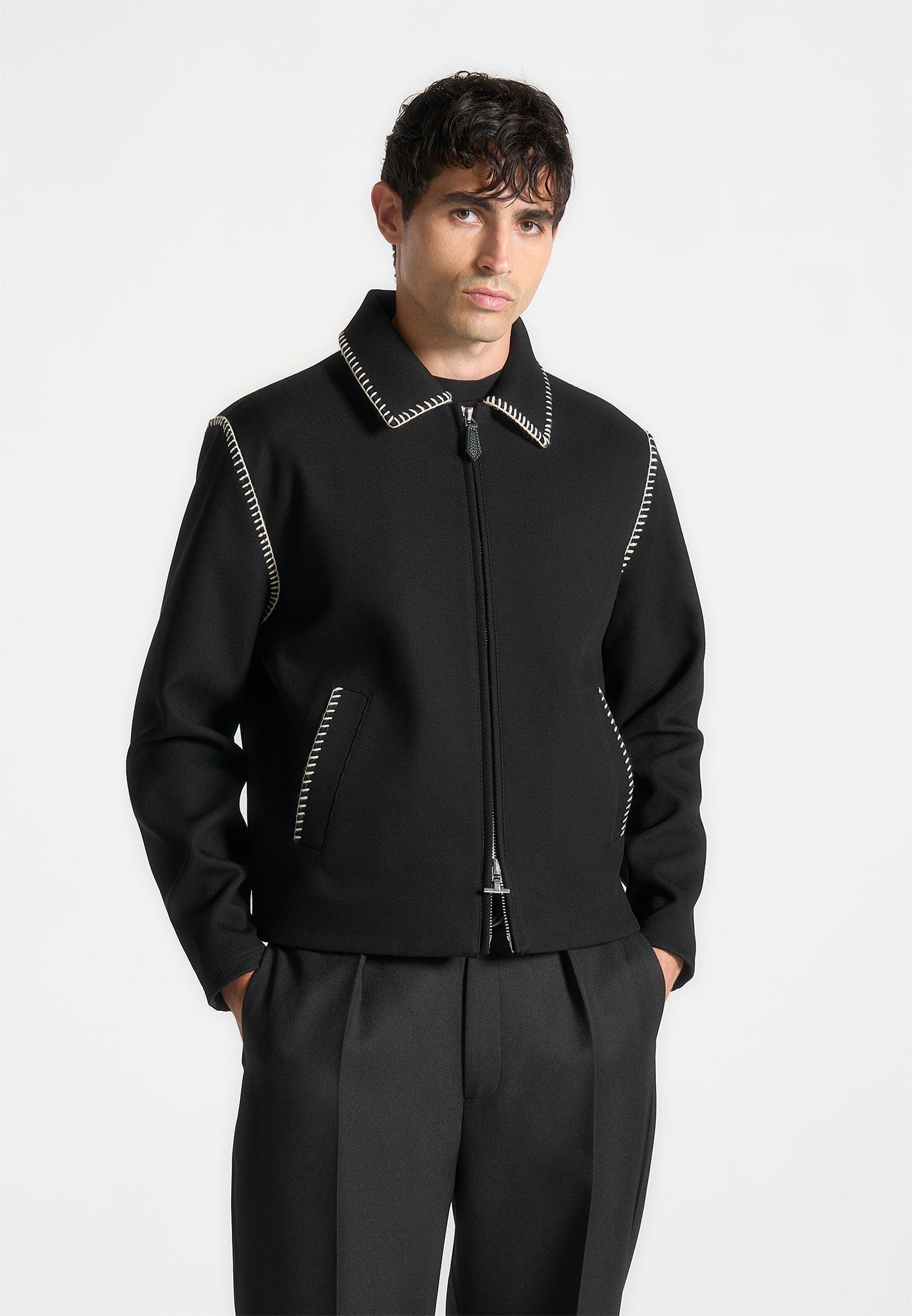 Whipstitch Twill Boxy Jacket - Black